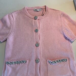 Zara Pink Knit Cardigan with Embellished Pockets Size large